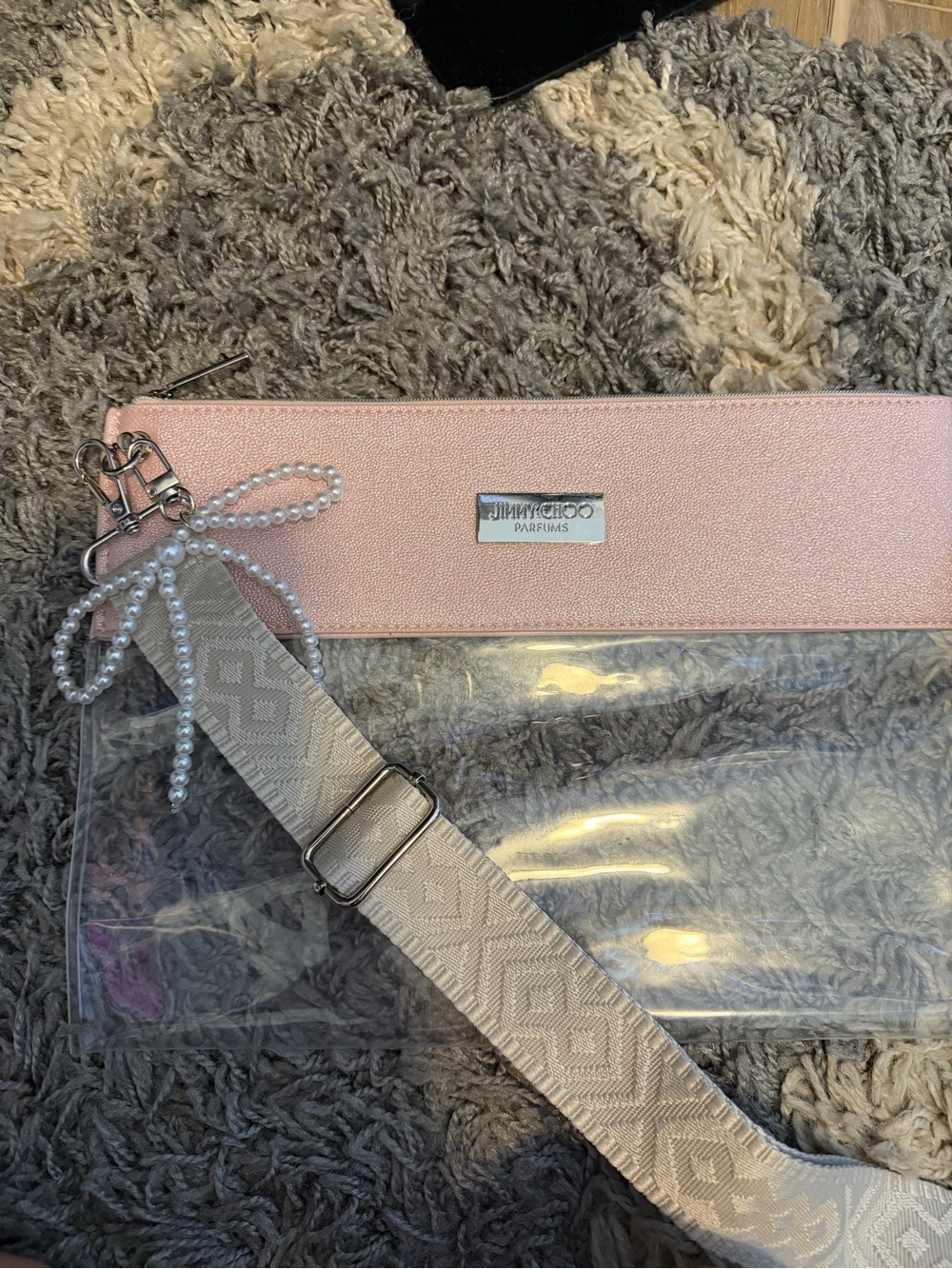 Jimmy Choo Pale Pink Clear Crossbody with Pearl Charm and Cream Strap